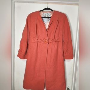 Anthropologie ~Arched Persimmon Overcoat~ Orange Pink Wool Coat Size 10